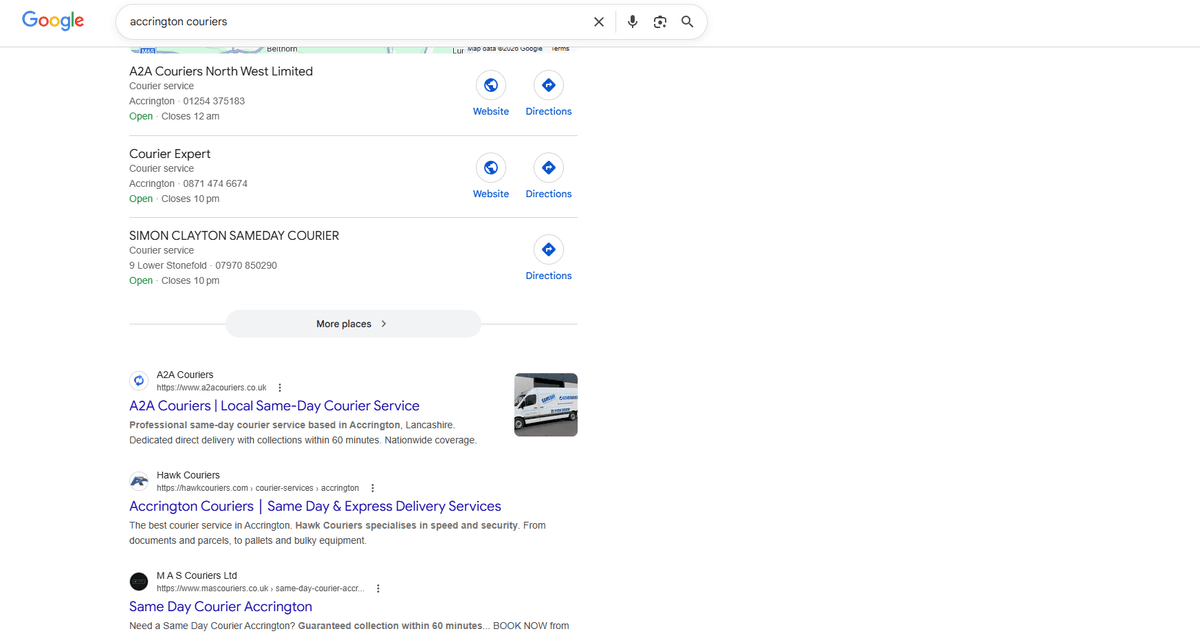 A2A Couriers ranking #1 on Google for Accrington couriers