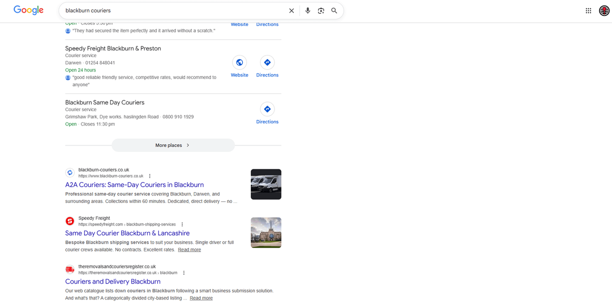 A2A Couriers ranking #1 on Google for Blackburn couriers