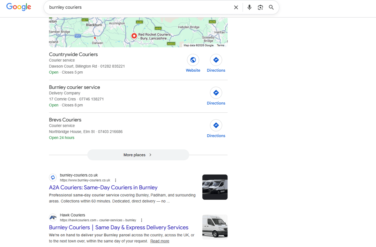 A2A Couriers ranking #1 on Google for Burnley couriers