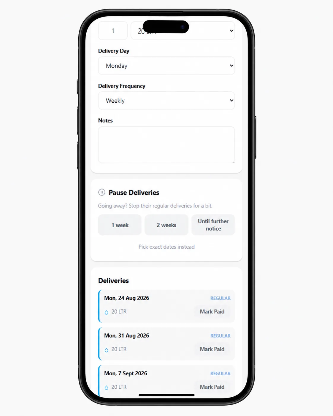 The AlkaFIT app on a phone showing a customer record with delivery day, frequency, pause controls and a list of deliveries to mark paid