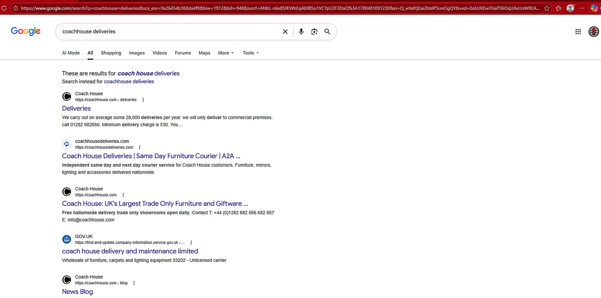 Coach House Deliveries ranking on Google - A2A domain consolidation strategy