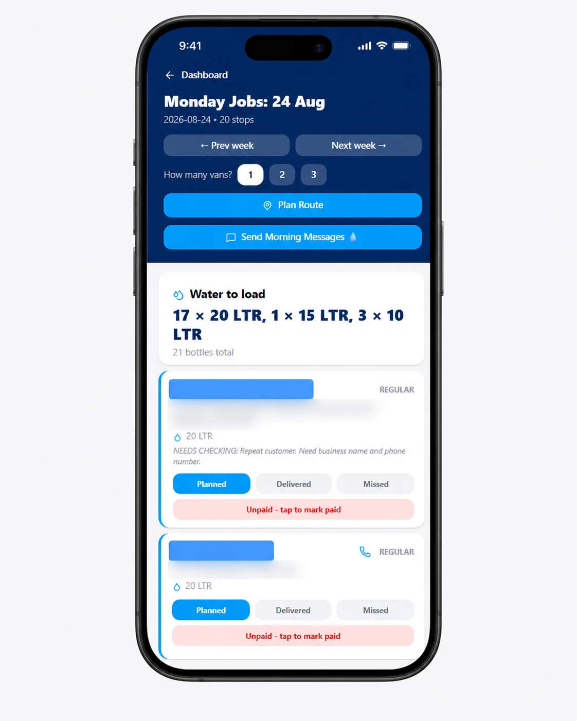 The AlkaFIT app on a phone showing the Monday jobs list with a water-to-load total, van selector, Plan Route and Send Morning Messages buttons